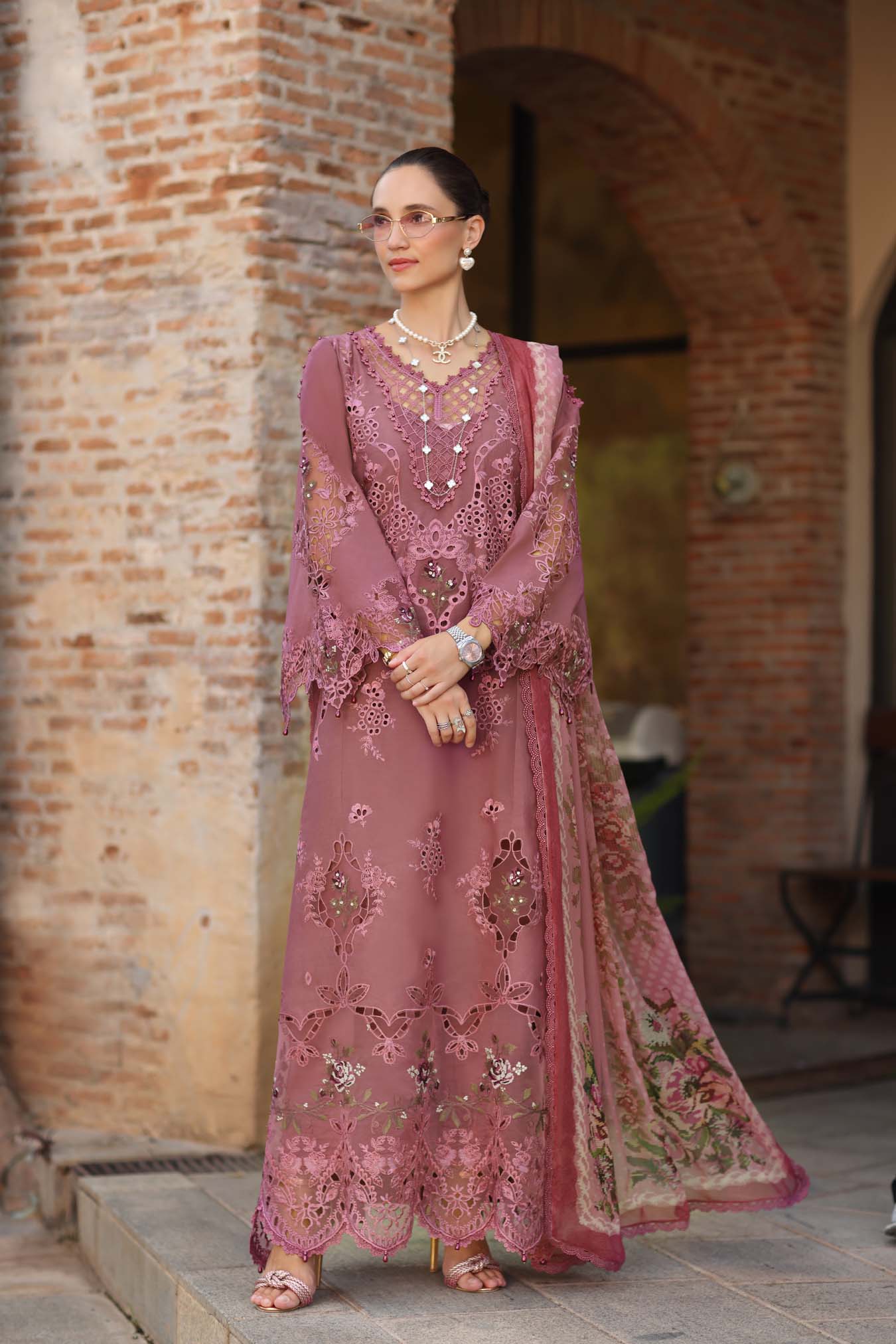 Noor by Saadia Asad Luxury Eid Schiffli Laserkari Unstitched Suit D1 -Rosé Allure