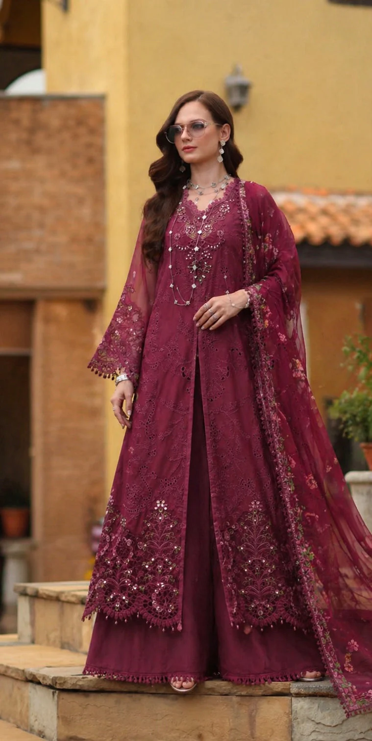 Noor by Saadia Asad Luxury Eid Schiffli Laserkari Unstitched Suit D8 -Rasberry love