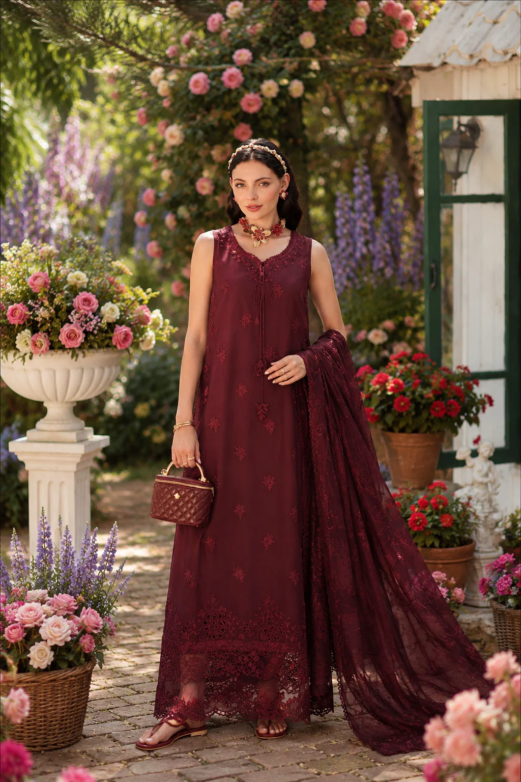 Noor by Saadia Asad Eid Luxe Printkhaas Unstitched 3Pc Suit D-10 Burgundy