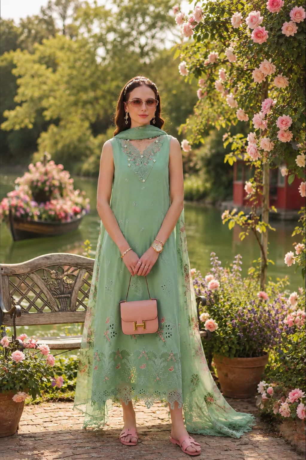 Noor by Saadia Asad Eid Luxe Printkhaas Unstitched 3Pc Suit D-09 Aqua Minté