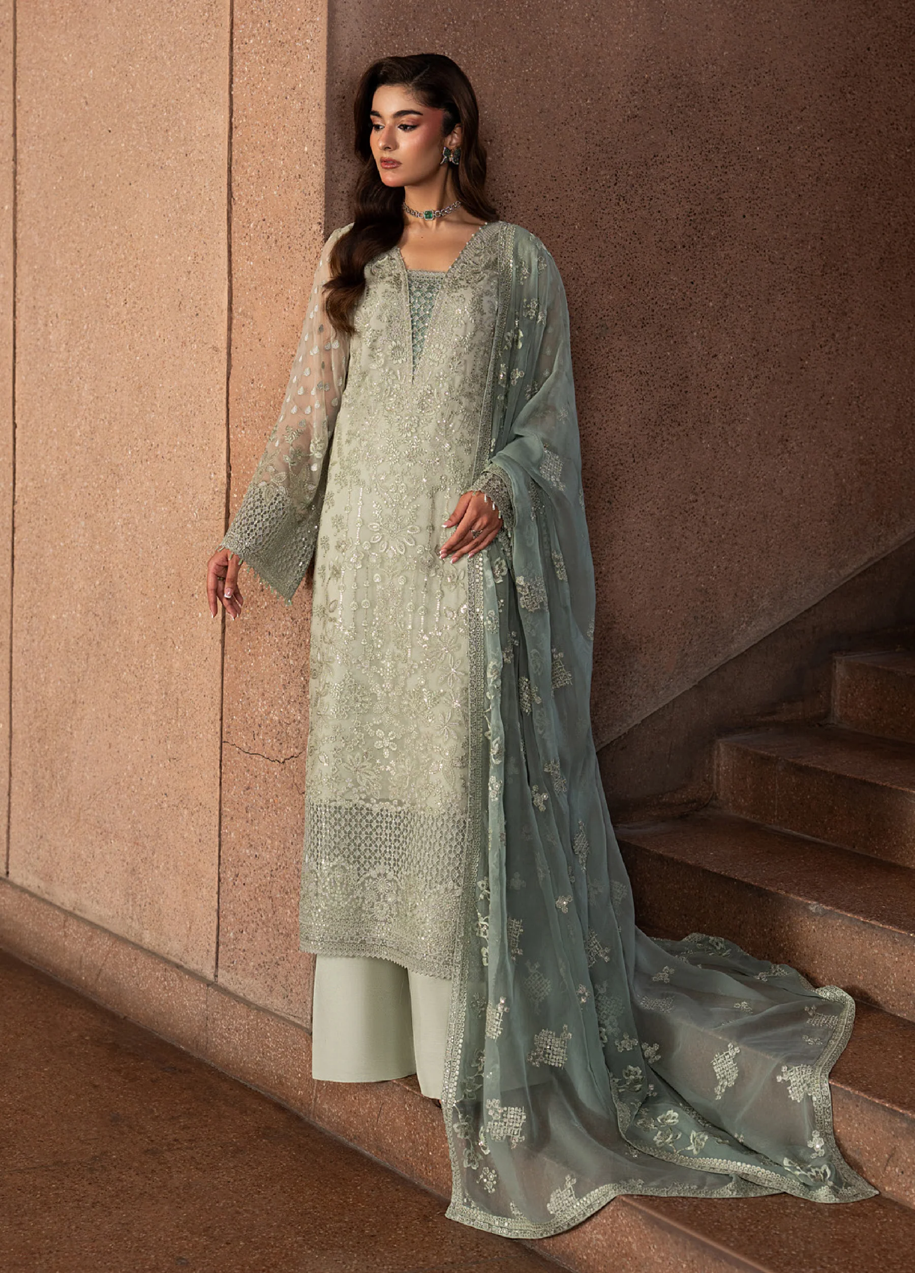 Lazawal by Lavish Premium Unstitched Embroidered Chiffon 3 Piece Suit LVP26UCL Pistachio Pearl - Festive Collection