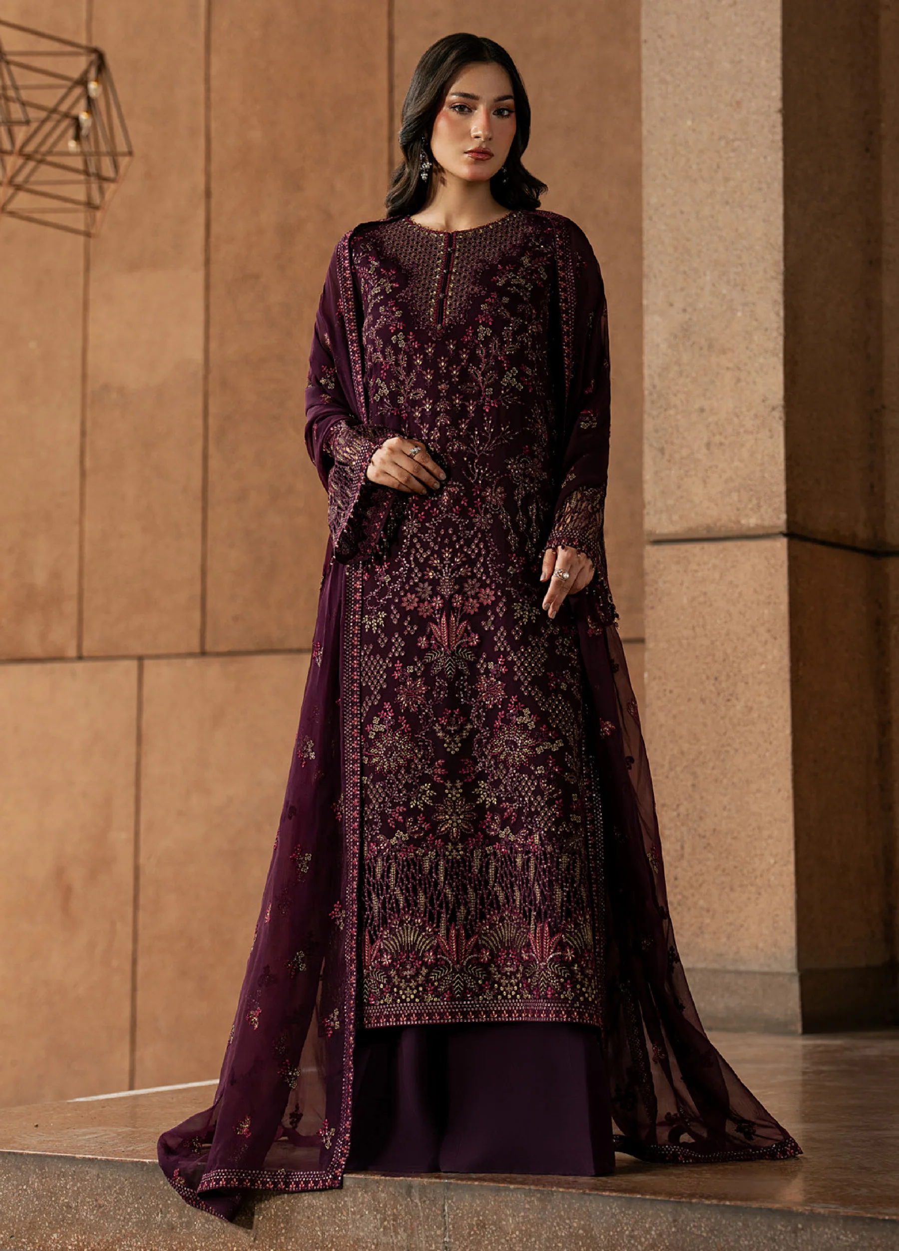 Lazawal by Lavish Premium Unstitched Embroidered Chiffon 3 Piece Suit LVP26UCL Maroon Majesty - Festive Collection
