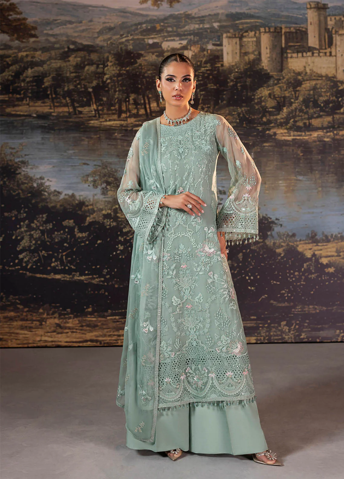 Riwayat Lamisah By Lavish Premium Embroidered Chiffon Suits Unstitched 3 Piece LP25RLC D-10 MINT GREEN
