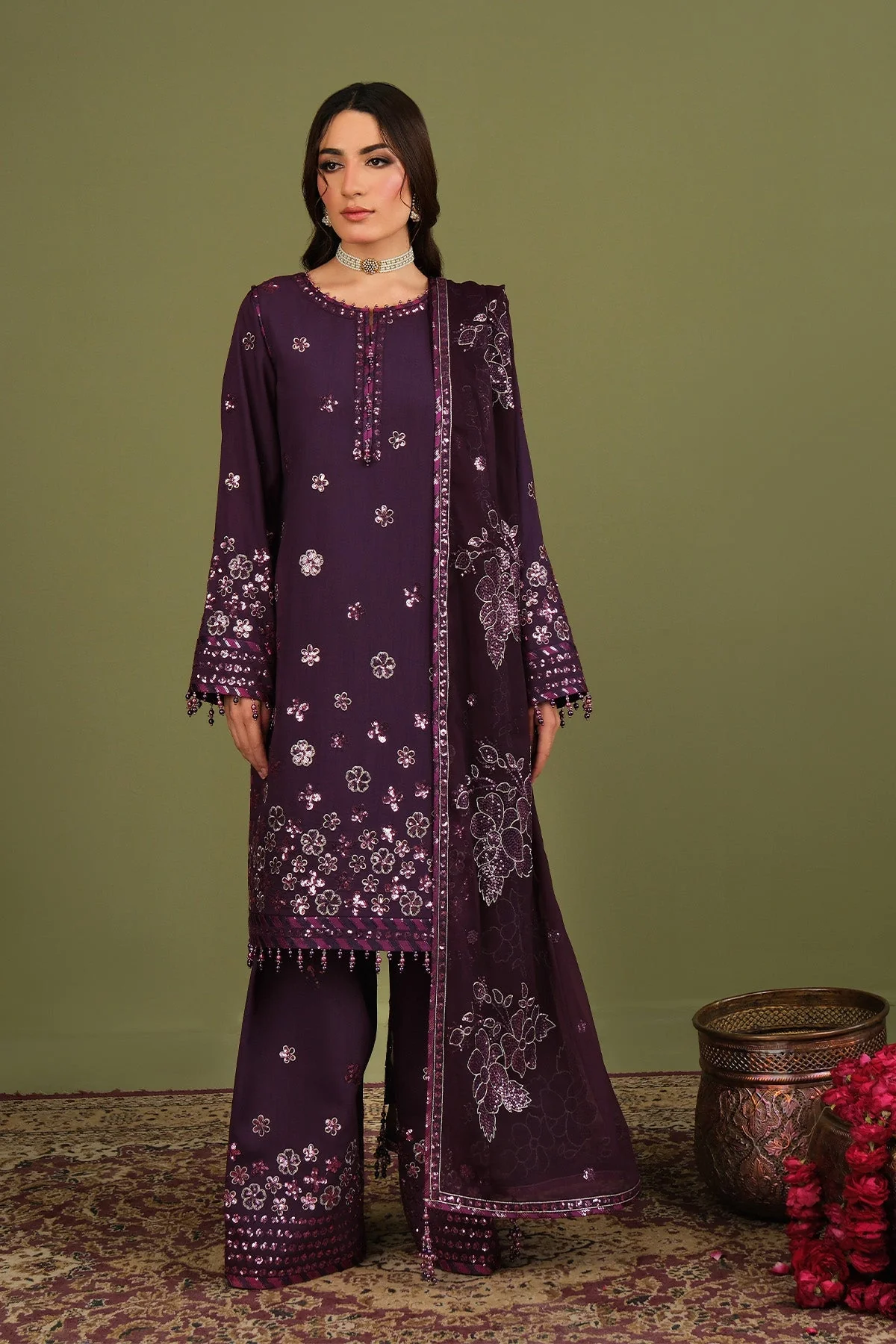 Alizeh Fashion Luxe Embroidered Raw Silk Unstitched 3Pc Suit AF-RS-09-Mulbery