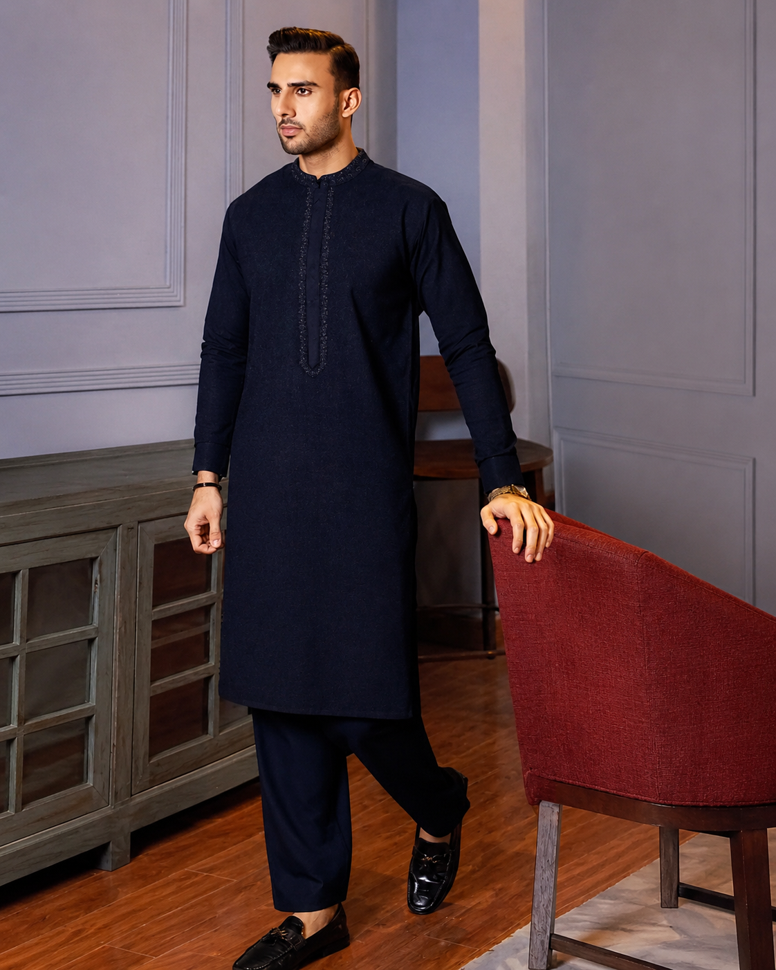 Laaj Fabrics Summer Collection Embroidery Navy Blue